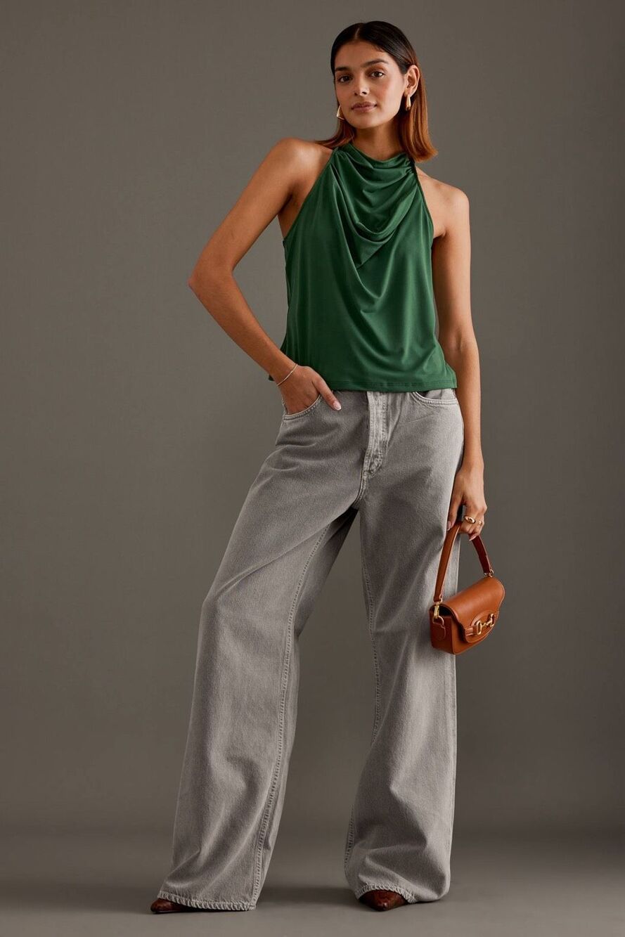 Anthropologie Cowl-Neck Halter Green Sz Medium Top
